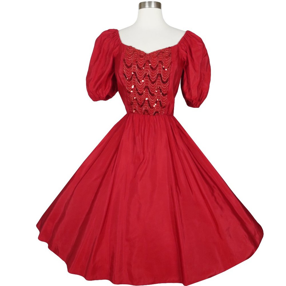 Vintage 80s Red Sequin Puff Sleeve Full Skirt Prom Cocktail Party Dress XXS